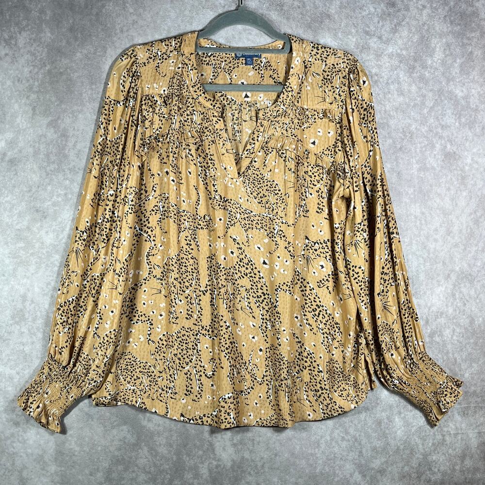 Democracy Blouse Womens Size PL Yellow Jaguar Print Long Sleeve V-Neck Casual